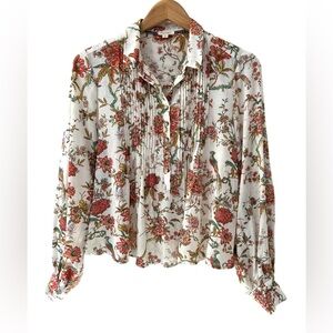 Anthropologie Pilcro floral Peacock top blouse XS ivory red lightweight popover